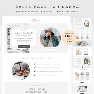 Puede incluir: Una plantilla de página de ventas digital para Canva, con el texto "SALES PAGE FOR CANVA" y "NO OTHER WEBSITE NEEDED, HOST FOR FREE!". La página incluye una foto de una mujer y el texto "PUBLISH FREE with CANVA".