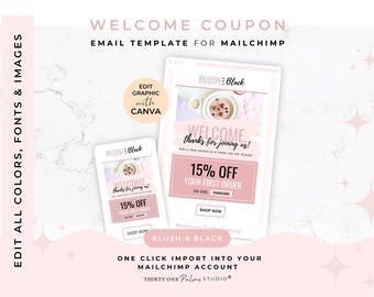 Canva-sjabloon voor Mailchimp - Mailchimp-e-mailsjabloon, welkomst-e-mail, couponsjabloon, marketingsjabloon, e-mailmarketing, blush en zwart