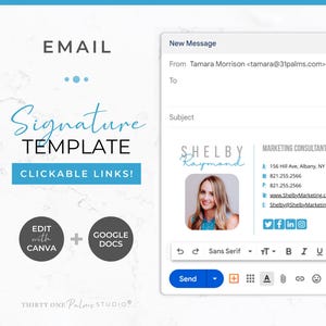 以下が含まれることがあります： クリック可能なリンク付きのメール署名テンプレート。テンプレートは、青と白のカラーテーマで、「Signature Template」と「Clickable Links!」というテキストが太字で表示されています。テンプレートには、個人の名前、肩書き、連絡先情報、ソーシャルメディアのリンクを記載するセクションも含まれています。テンプレートは、CanvaまたはGoogle Docsを使用して編集できます。