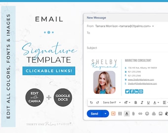 Modelo de assinatura de e-mail para Canva - modelo do Google Docs, links clicáveis, modelo Canva, modelo de e-mail, assinatura para Gmail ou Outlook