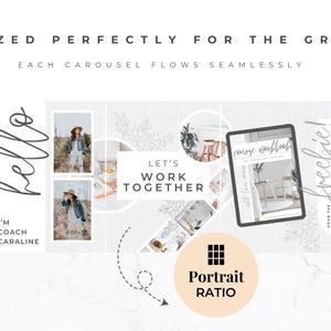 May include: A digital marketing graphic with the text "SIZED PERFECTLY FOR THE GRID" and "EACH CAROUSEL FLOWS SEAMLESSLY." The image includes a tablet displaying a workbook, photos, and the words "LET'S WORK TOGETHER."