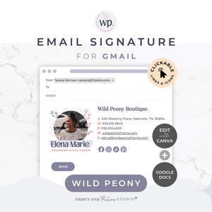 以下が含まれることがあります： Gmail 用のメール署名テンプレート。テキスト「Email Signature for Gmail」と「Wild Peony Boutique」が含まれています。写真、連絡先情報、ソーシャルメディアアイコンが含まれています。デザインは白、グレー、紫の色合いです。
