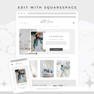 May include: A website design mockup featuring a desktop and mobile view. The website, "white linen," showcases a blog with images and text. The design includes a photo of a person, and the text "I'm Caraline."