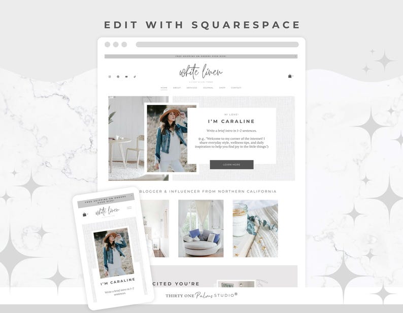May include: A website design mockup featuring a desktop and mobile view. The website, "white linen," showcases a blog with images and text. The design includes a photo of a person, and the text "I'm Caraline."
