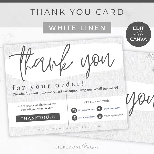 Editable Thank You Card Template - Canva Template Thank You, Thank You For Your Order, Package Insert Card, Business Packaging, White Linen