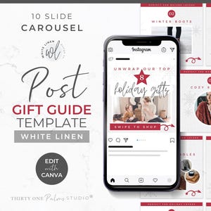 May include: A 10-slide Instagram carousel template for a holiday gift guide. The template features a white background with red accents and a snowflake pattern. The text "Unwrap our top 8 holiday gifts" is featured on the first slide. The template is editable with Canva.