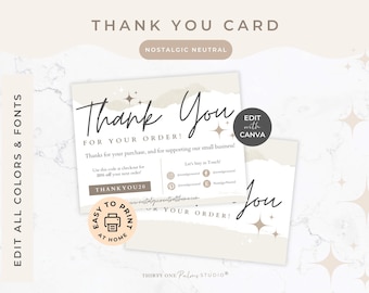 Puede incluir: Juego de tarjetas de agradecimiento en tonos neutros con la frase "Thank You" en escritura elegante. Las tarjetas incluyen el texto "FOR YOUR ORDER!" y "Thanks for your purchase, and for supporting our small business!" con un código de descuento.