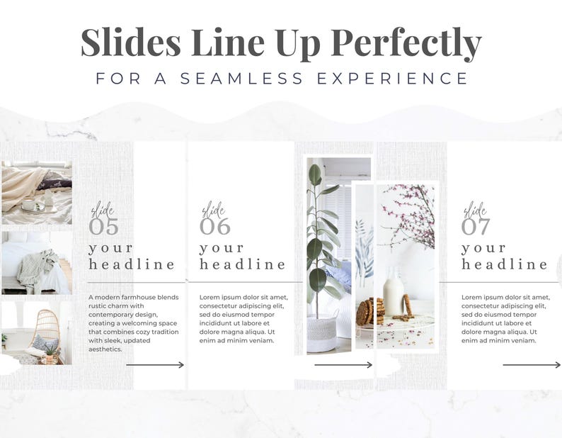 May include: A digital presentation slide with the text "Slides Line Up Perfectly" and "For a Seamless Experience." The slide includes text placeholders and images of interior design elements.