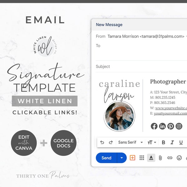 Email Signature Template for Canva - Google Docs, Clickable Links, Canva Template, Email Template, Signature Gmail Outlook, White Linen