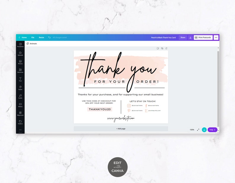 Editable Printable Thank You Card Template for Canva - Thank You Card ...