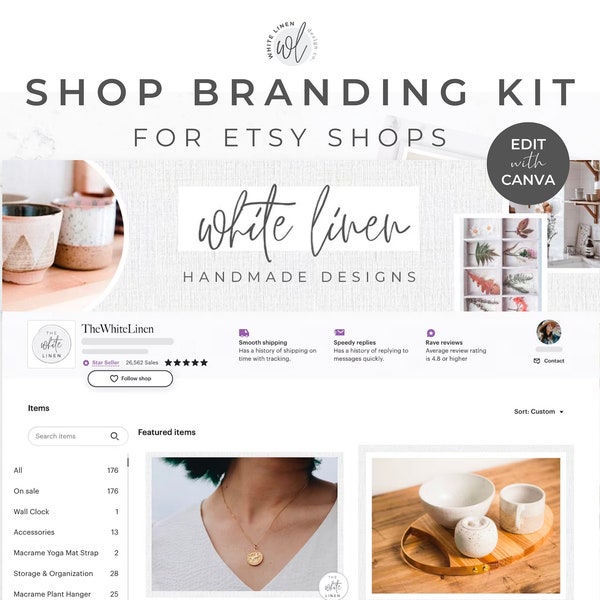 Shop Branding Kit for Etsy - Shop Banner Bundle, Listing Images, Store Logo, Rustic Shop Banner, Banner Template, Shop Template, White Linen