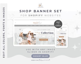 Modelos de banners para Shopify - Modelos de banners para loja no Canva, banners de e-commerce personalizáveis, banners para sites, loja online boho, azul deserto