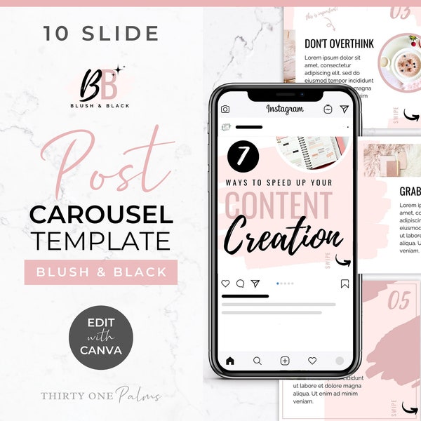 Carousel Post Template Set Instagram - Canva Templates, Social Media Posts, Slideshow, Instagram Templates Canva, Slider, Blush & Black