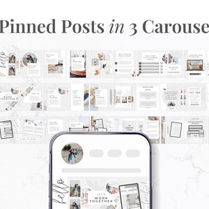 May include: A digital marketing graphic with the text "3 Pinned Posts in 3 Carousels." The image shows a smartphone with a social media profile and examples of carousel posts. The posts have a neutral color palette with images and text.