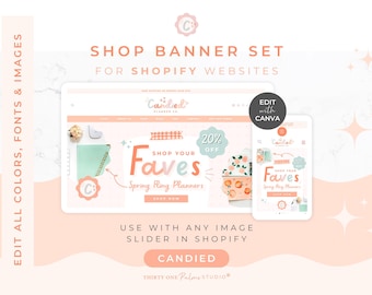 Modelos de banners para Shopify - Modelos de banners para loja no Canva, banners de e-commerce personalizáveis, banner para site, loja online laranja e rosa, estilo doce.