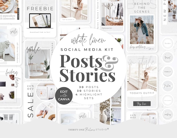 Social Media Template Bundle - Canva Templates for Instagram, Posts, Stories, Highlight Covers, Social Media Templates, Rustic, White Linen