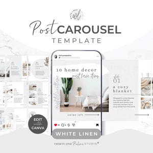 Op de afbeelding: Een digitale sjabloon voor Instagram carrousel posts. Het ontwerp toont een smartphone met een home decor thema met de tekst "10 home decor must have items." De sjabloon bevat bewerkbare kleuren, lettertypen en afbeeldingen, bewerkbaar met Canva.