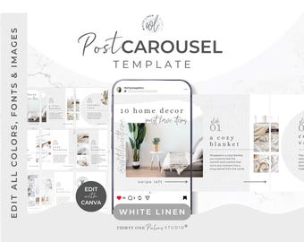 Carousel Post Template Set Instagram - Canva Templates, Social Media Posts, Slideshow, Instagram Templates Canva, Slider, Swipe, White Linen