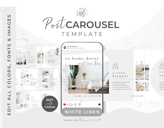 Carousel Post Template for Instagram - Canva Social Media Posts, Slideshow, Slider, Swipe, Seamless Carousel, White Linen