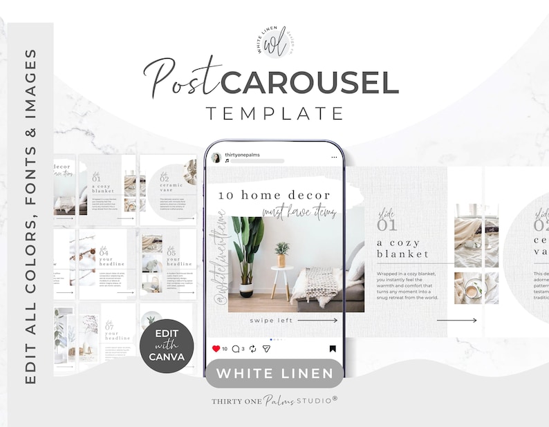May include: A digital template for Instagram carousel posts. The design features a smartphone displaying a home decor theme with the text "10 home decor must have items." The template includes editable colors, fonts, and images, with the option to edit with Canva.