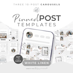 May include: A digital marketing template with the text "Pinned Post Templates" and "Edit with Canva". The design features a smartphone mockup displaying a carousel of social media posts. The color scheme is primarily white and gray.