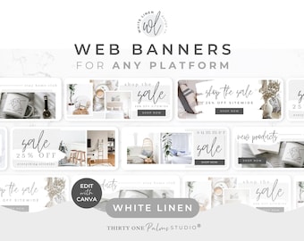Website Banner Templates for Canva - Minimalistic, Editable Sale Graphic, Squarespace Banner, White Linen
