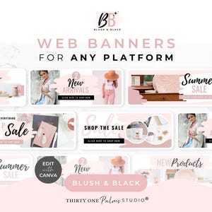May include: A promotional graphic with the text "WEB BANNERS FOR ANY PLATFORM" in a light pink and white color scheme. The graphic includes the logo "Blush & Black" and various product banner examples with the text "New Arrivals" and "Summer Sale".