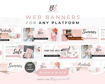 Website Banner Templates for Canva - eCommerce Shop, Store Sale, Pink Feminine, Squarespace, Blush & Black