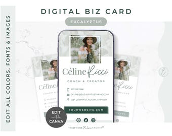Digital Business Card Template - Digital Business Card Canva, Real Estate, Photographer Digital Card, Coach Business Card, Green, Eucalyptus