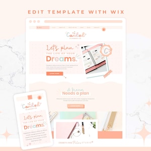 May include: A website template with a soft peach and white color scheme. The text "EDIT TEMPLATE WITH WIX" is at the top. The website design includes the text "Let's plan the life of your Dreams."