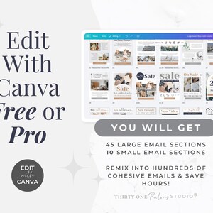 May include: A digital design template displayed on a tablet, with the text "Edit With Canva Free or Pro." The image showcases various email sections, including "Sale" and "New." The text "You Will Get" is also visible, along with the number of email sections.