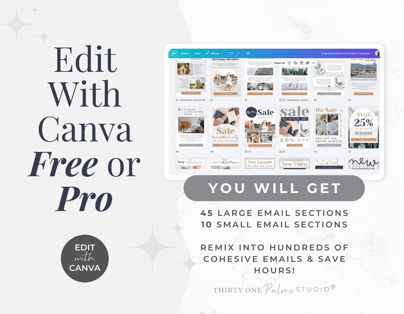May include: A digital design template displayed on a tablet, with the text "Edit With Canva Free or Pro." The image showcases various email sections, including "Sale" and "New." The text "You Will Get" is also visible, along with the number of email sections.