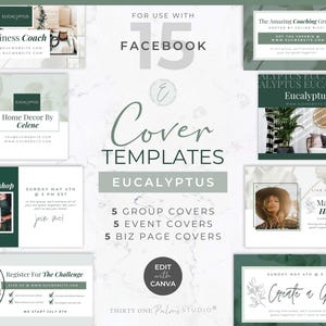 15 Facebook Cover Timeline Templates - Canva Templates, Facebook Group, Business Page, Event Cover, Social Media Templates, Green Eucalyptus