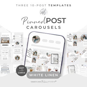 May include: A digital product mockup featuring three 10-post Instagram carousel templates. The templates are displayed on a smartphone screen, showcasing various layouts with editable colors, fonts, and images. The design includes the text "Pinned Post Carousels" and "Edit with Canva."