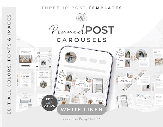 Pinned Post Carousel Post Template Set Instagram - Canva Templates for Coaches, Creators, Social Media,  Instagram Templates, White Linen