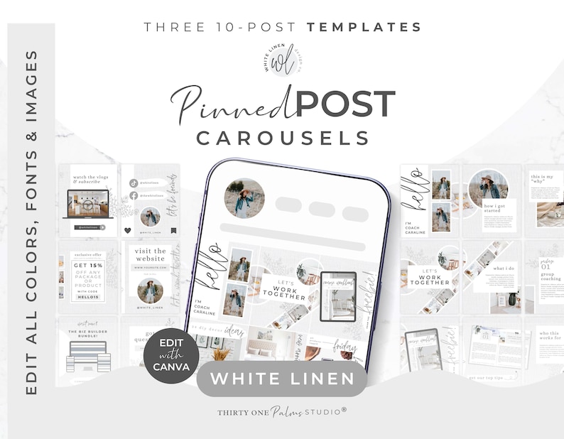 May include: A digital product mockup featuring three 10-post Instagram carousel templates. The templates are displayed on a smartphone screen, showcasing various layouts with editable colors, fonts, and images. The design includes the text "Pinned Post Carousels" and "Edit with Canva."