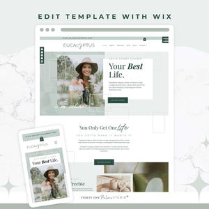 Könnte beinhalten: Eine Website-Designvorlage auf einem Desktop-Computer und einem Mobiltelefon. Die Website zeigt eine Frau mit Hut und dem Text "Your Best Life". Das Design verwendet ein weiches Grün-Weiß-Farbschema, mit dem Wort "Eucalyptus" oben.