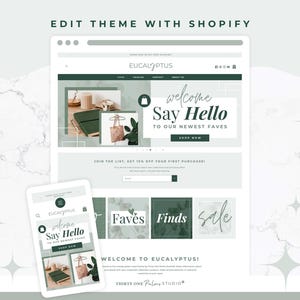 Könnte beinhalten: Ein Website-Design-Mockup auf einem Computer und Tablet, das eine saubere, moderne Ästhetik zeigt. Die Website verwendet ein grünes und weißes Farbschema mit dem Text "EUCALYPTUS" und "Say Hello". Das Design umfasst Produktbilder und einen Call-to-Action.