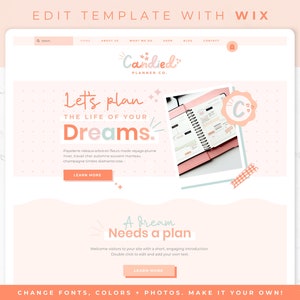 Può includere: Un modello di sito web per un'azienda di planner con il testo "Candied Planner Co." e lo slogan "Let's plan the life of your dreams." Il sito web ha uno schema di colori rosa e bianco con una foto di un planner.