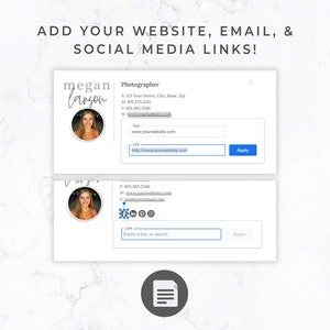 May include: A digital template with the text "ADD YOUR WEBSITE, EMAIL, & SOCIAL MEDIA LINKS!". The design features two sections for contact details and website links. A circular headshot of a woman is included.