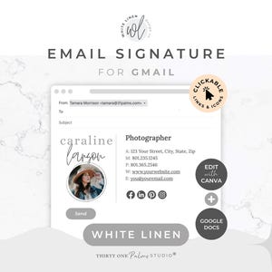 Email Signature Template for Canva - Google Docs, Clickable Links, Canva Template, Email Template, Signature Gmail Outlook, White Linen