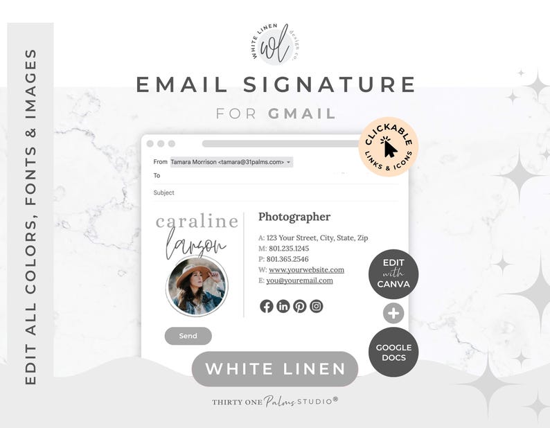 Email Signature Template for Canva - Google Docs, Clickable Links, Canva Template, Email Template, Signature Gmail Outlook, White Linen image 1