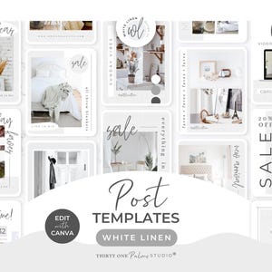 30 Post Templates for Instagram - Canva Template, Instagram Posts, Blog, Social Media Templates, Coaching, eCommerce, Portrait, White Linen