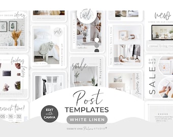 30 Post Templates for Instagram - Canva Template, Instagram Posts, Blog, Social Media Templates, Coaching, eCommerce, Portrait, White Linen