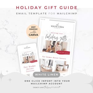 Könnte beinhalten: Eine digitale E-Mail-Vorlage für einen Weihnachtsgeschenkführer für Mailchimp mit dem Text "Holiday Gift Guide" und "Unwrap our holiday gifts". Das Design enthält Bilder und die Möglichkeit, Farben, Schriftarten und Bilder mit Canva zu bearbeiten.
