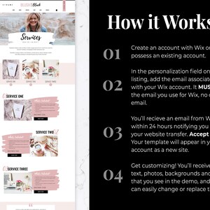 K&ouml;nnte beinhalten: Ein Website-Vorlagen-Angebot mit dem Text "Services" und "How it Works". Die Seite enth&auml;lt Schritte zur Wix-Kontoerstellung, E-Mail-Zuordnung, Website-&Uuml;bertragung und Anpassung. Das Design weist ein rosa-wei&szlig;es Farbschema auf.