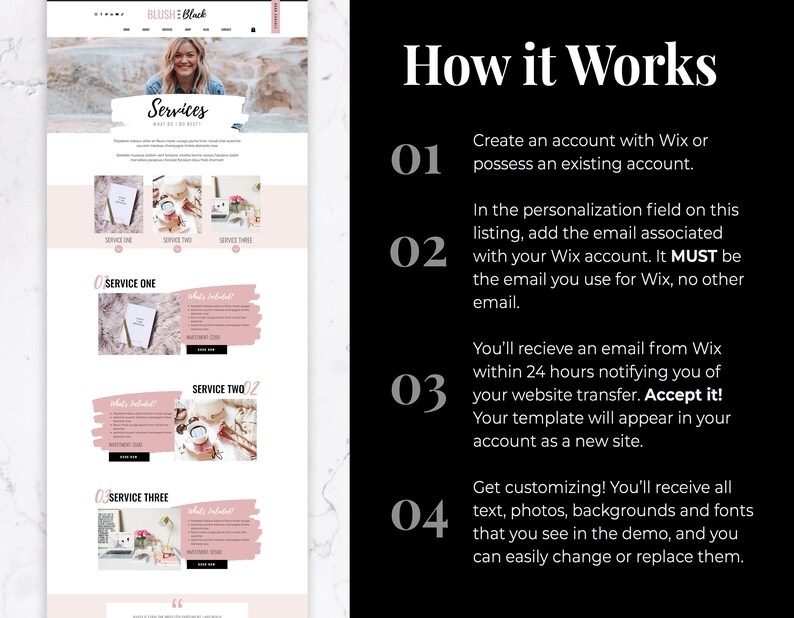 K&ouml;nnte beinhalten: Ein Website-Vorlagen-Angebot mit dem Text "Services" und "How it Works". Die Seite enth&auml;lt Schritte zur Wix-Kontoerstellung, E-Mail-Zuordnung, Website-&Uuml;bertragung und Anpassung. Das Design weist ein rosa-wei&szlig;es Farbschema auf.