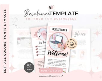 Editable Brochure Template for Canva - Canva Template, Trifold Brochure, Business Brochure, Printable, Real Estate, Coach, Blush & Black