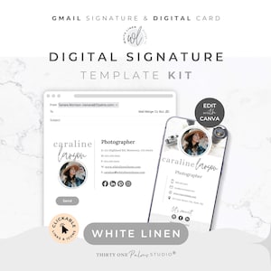 May include: A digital signature template kit for Gmail featuring a customizable email layout and a mobile-friendly digital card. The design includes placeholders for a name, professional title, contact details, social media icons, and a circular photo.