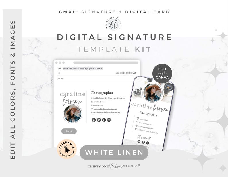 May include: A digital signature template kit for Gmail featuring a customizable email layout and a mobile-friendly digital card. The design includes placeholders for a name, professional title, contact details, social media icons, and a circular photo.